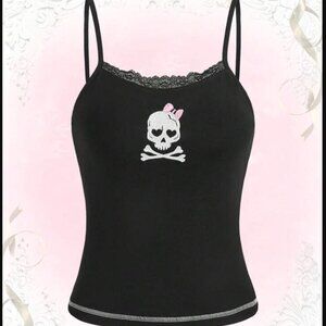 Kawaii Skull Embroidery Contrast Lace Cami Top size xs